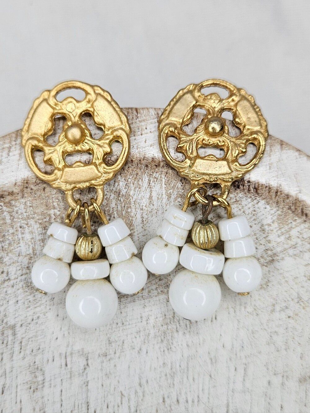 Vtg Matte Gold Filigree Milk Glass Bead Tassel Dangle Earrings Victorian Revival